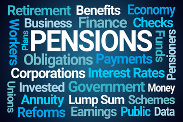Obraz premium Pensions Word Cloud on Blue Background