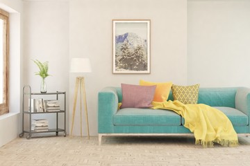 Stylish room in white color with sofa. Scandinavian interior design. 3D illustration