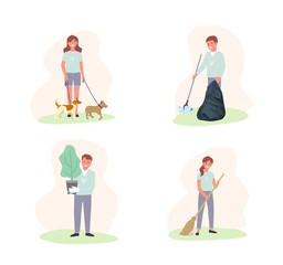 Volunteers help. Vector flat icons with young people volunteers.