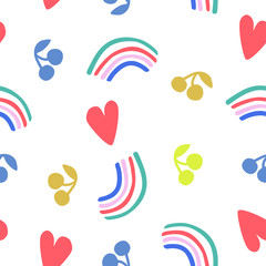 Fototapeta premium Fun seamless pattern with pretty decorations rainbows, heart shapes, cherries. Quirky pop style for teenage girls, young adults. LGBTQ pride themed vector in pop rainbow colors pink, red, gold, orange