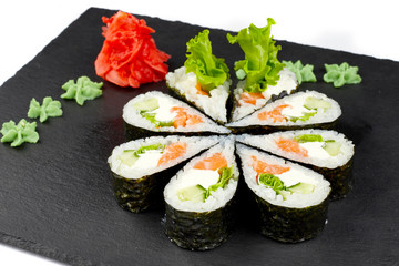 sushi and rolls on slate