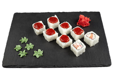 sushi and rolls on slate