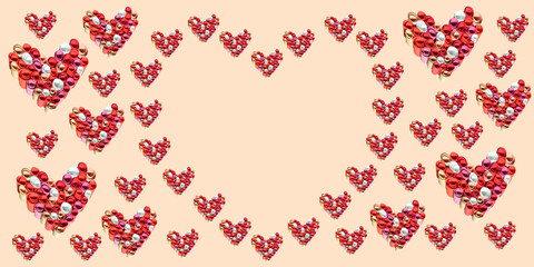 Photo collage of multiple hearts made of little paper rolls arranged in heart shape. Greeting card template.