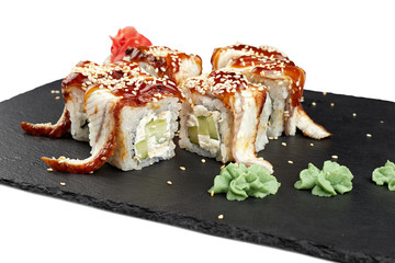 sushi and rolls on slate