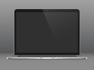 Realistic notebook with a blank screen off. Isolated, on a gray curved background, with a reflection. The display is opened 90 degrees. Visible keyboard keys and touchpad. Front view. Mobile device.