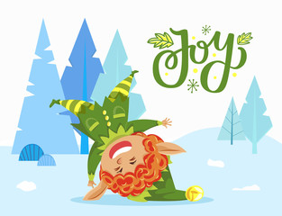 Holiday joy caption, greeting postcard. Elf jumping and having fun in forest near snowy fir tree. Little boy greet with xmas. Fairy character in green costume and hat. Vector illustration in flat