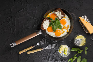 Healthy breakfast. Fried eggs and bread and butter