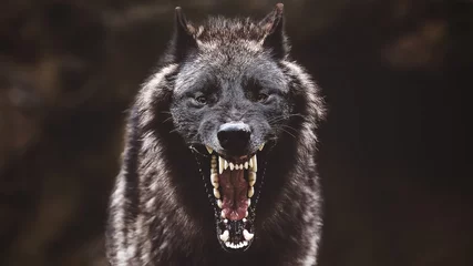  Close-up van een zwarte brullende wolf met een enorme mond en tanden met een wazige achtergrond © Björn Reibert/Wirestock