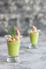Avocado and green apple mousse with shrimp and almonds