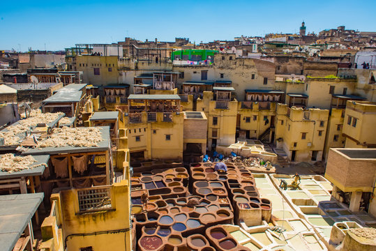 Fes, Morocco. Old town panorama,tanneries and tanks with color paint for leather. Morocco Africa