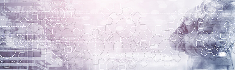 Gears mechanism on panoramic business background. Success Concept.