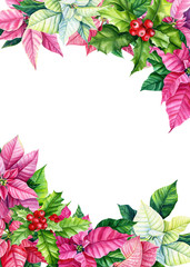 Frame of poinsettia on a white background. Watercolor illustration, greeting card with place for text, invitation