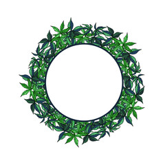 Floral wreath with hand-drawn green leaves isolated on white background. Round frame with space for text. Tropical leaf circle border for poster, flyer, card. Vector stock illustration
