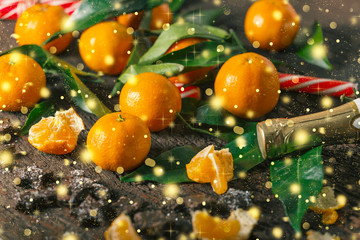 Dream Christmas Champagne, tangerines, golden snow, Christmas sweet cane. Christmas background