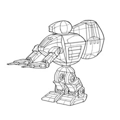 Black and white sketch of robot isolated on white background. Line art 3d model. Concept design. Vector stock illustraton for coloring book