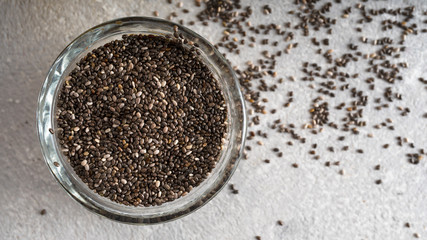 Seeds of chia closeup. Source of omega 3, top view