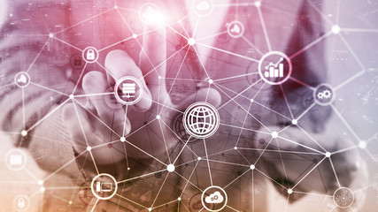 ICT - information and telecommunication technology and IOT - internet of things concepts. Diagrams with icons on server room backgrounds.