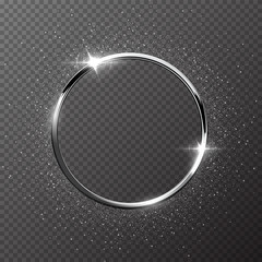 Silver sparkling ring with silver glitter isolated on transparent background. Vector metal frame. - obrazy, fototapety, plakaty