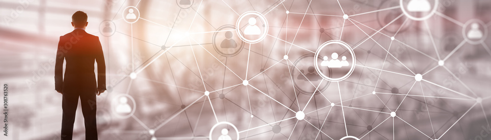 Wall mural background conceptual image with social connection lines on panoramic fone.