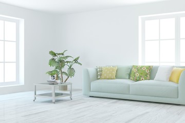 Fototapeta premium Stylish room in white color with sofa. Scandinavian interior design. 3D illustration