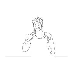 Continuous one line man with a microphone in her hand speak. Vector illustration.