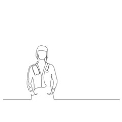 Continuous one line doctor woman with phonendoscope hold hands in pockets. Vector illustration.
