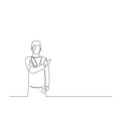 Continuous one line doctor man with phonendoscope point to empty space, copyspace. Vector illustration.