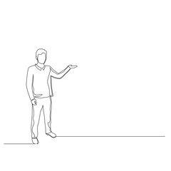 Continuous one line woman points to the copyspace. Vector illustration.