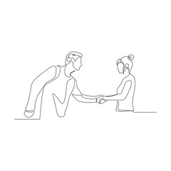 Continuous one line man shake hands with a woman. Vector illustration.