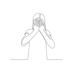 Continuous one line woman covers her face with her hands. Depressed state. Vector illustration.