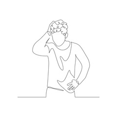 Continuous one line man squeezes head hair with hand. Stress and Depression. Vector illustration.