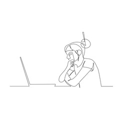 Obraz premium Continuous one line woman sitting thoughtfully in front of a laptop. Vector illustration.