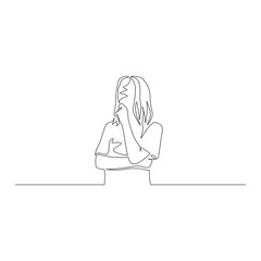 Continuous one line woman think about something holding her hand to her chin. Vector illustration.