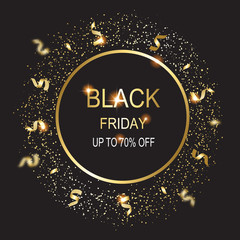Black friday  sale banner. Background with shining .serpentineы and stars. New year and Christmas card illustration on black background.