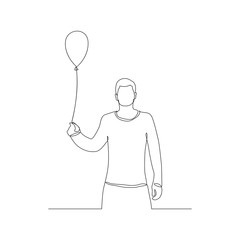 Continuous one line man with air balloon in her hand. Birthday, holiday. Vector illustration.