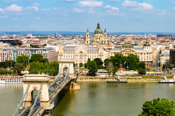BUDAPEST, HUNGARY 29 JULY 2019: Chain Bridge, Danube River, Gresham Palace, Saint Stephen's Basilica