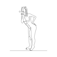 Continuous one line sexy woman with horns blows a kiss. Vector illustration.