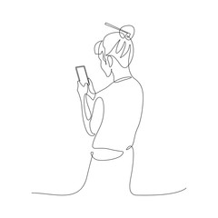 Continuous one line woman chatting with a smartphone, spending time in a smartphone. Rear view of a woman with bunched hair. Stock illustration.