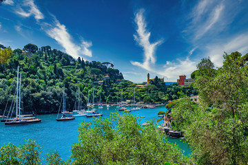 View of Portofino fishing village on the Ligurian Riviera south-east of Genoa.