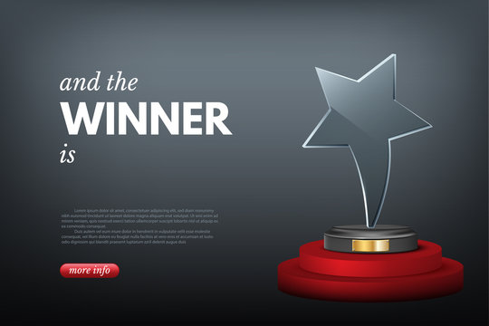 Landing page layout with winner award realistic design. Goal achievement, success, leadership. Victory in competition or business challenge. Become champion and get prize. Vector illustration.