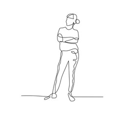 Continuous one line woman keeping arms crossed. Stock illustration.