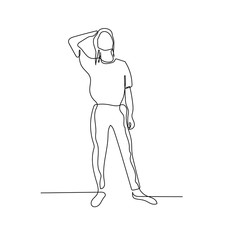 Continuous one line woman hold hand behind head. Vector illustration.