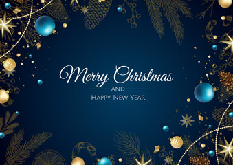 Merry Christmas and Happy New Year. Background with Snowflakes and balls design.