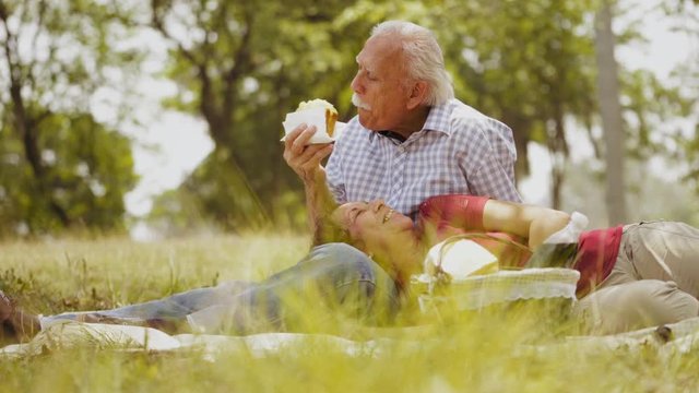 Old people, senior couple, elderly man and woman, husband and wife in park, retired seniors, retirement age. Outdoor activities, leisure, fun, recreation. Grandpa and grandma eating food at pic-nic