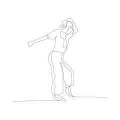 Continuous one line drawing dancing woman. Vector stock illustration.