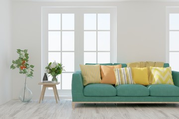 Stylish room in white color with sofa. Scandinavian interior design. 3D illustration
