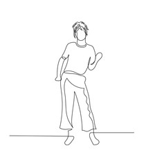 Continuous one line dancing woman with short wavy hair. Vector illustration.