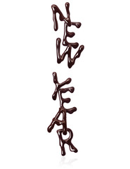 Inscription New Year made of chocolate letters on white background