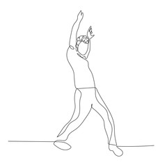 Continuous one line dancing man with curly hair in hands up dance pose. Vector illustration.
