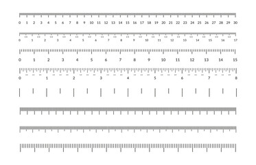 Measuring tape scale set. Vector measurable yardstick measures length height meter precision tools centimeter millimeters calibration. Measurements scales design template - obrazy, fototapety, plakaty